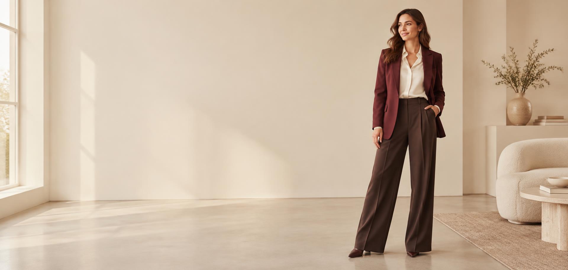 Volledige dameslook met bordeaux blazer, blouse en pantalon